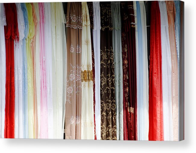 Caribbean Color Acrylic Print featuring the photograph Caribbean Color -- Curtains for Sale in St. John, Antigua by Darin Volpe