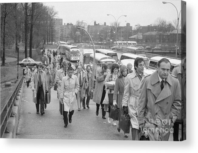 Employment And Labor Acrylic Print featuring the photograph Commuters Leaving Buses by Bettmann