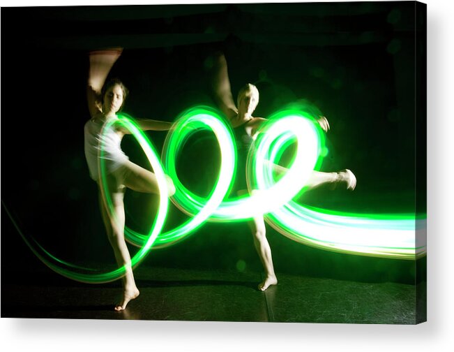 Ballet Dancer Acrylic Print featuring the photograph Coordinated Dancers In Green Abstract by John Rensten