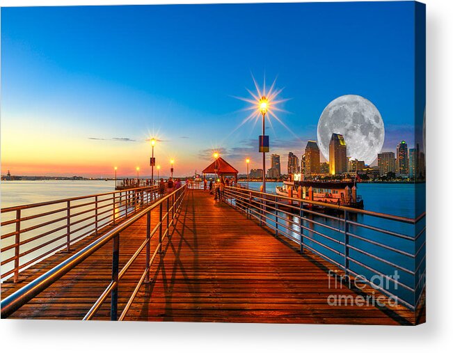 San Diego Acrylic Print featuring the photograph Coronado pier with full moon by Benny Marty