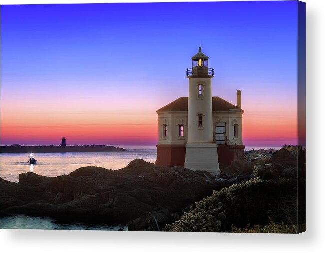 Lighthouse Acrylic Print featuring the photograph Crab Boat At The Bandon Lighthouse by James Eddy