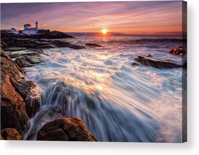 Amazing New England Acrylic Print featuring the photograph Crashing Waves at Sunrise, Nubble Light. by Jeff Sinon