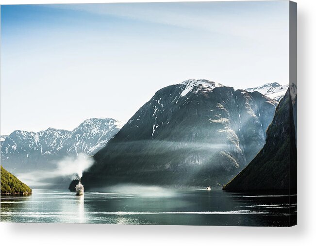 Scenics Acrylic Print featuring the photograph Cruise Boat Passes Geiranger Fjord by Cartagena Photo By David Cartagena