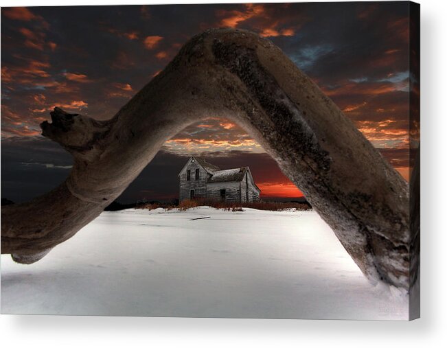 Abandoned Farm Farmstead Deadwood Frozen Tree Ice Snow Winter Cold Blue Scenic Landscape Prairie Winter Freezing Sunset Sunrise Arch Devils Lake Frost Desolate Deserted Acrylic Print featuring the photograph Deadwood Arch Above Abandoned Farm #2 by Peter Herman