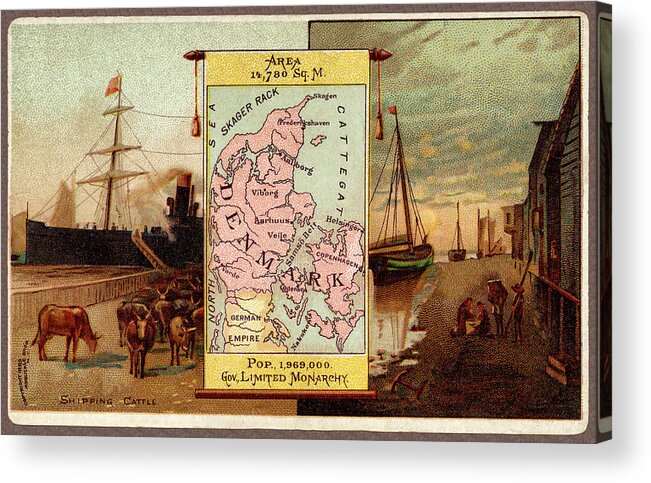 Map Acrylic Print featuring the photograph Denmark Map From 1889 Advertising Card by Phil Cardamone