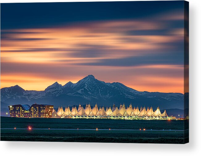 Cityscape Acrylic Print featuring the photograph Denver International Airport In Dusk With Longs Peak As Background by Mei Xu