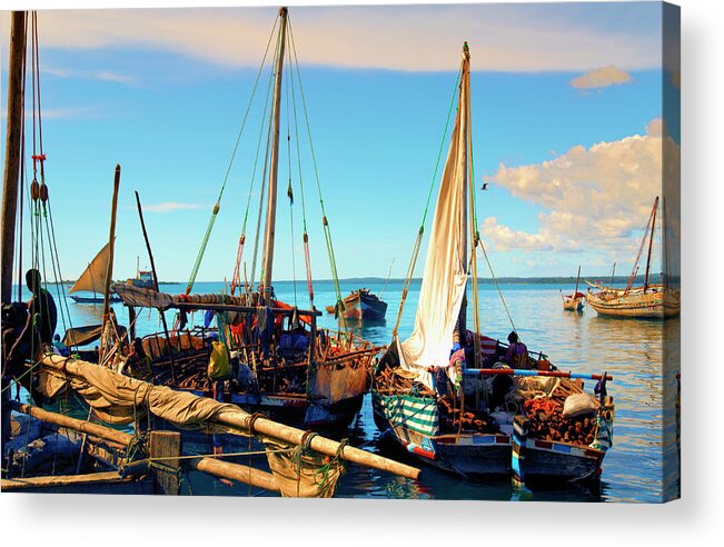 Top Photo Artist Acrylic Print featuring the photograph Dhow Boats Stone Town Port Zanzibar Tanzania East Africa by Neptune - Amyn Nasser Photographer