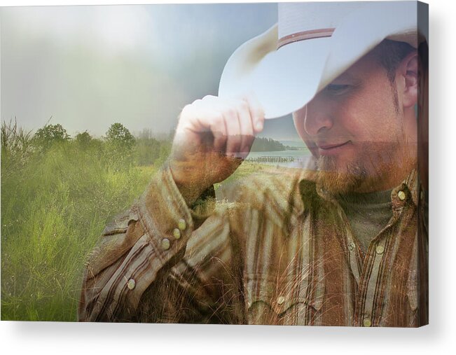 Adjusting Acrylic Print featuring the photograph Digital Composite Of Cowboy And by Thomas Northcut