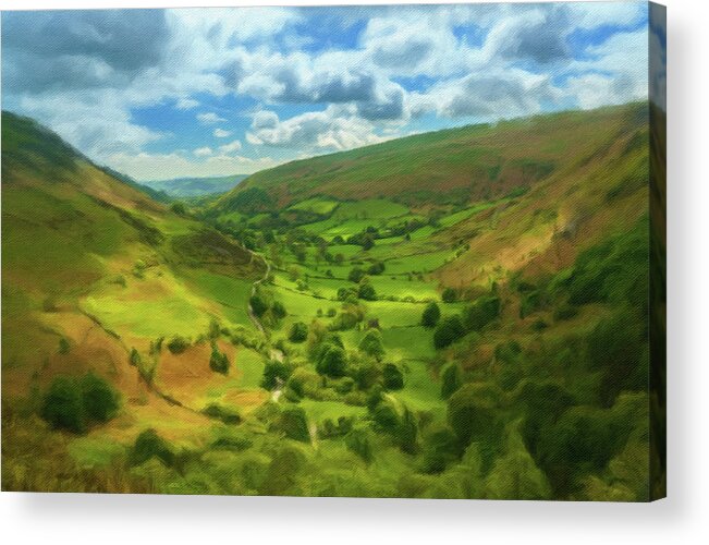 England Acrylic Print featuring the photograph Digital oil painting of the view down valley from top of Pistyll by Steven Heap