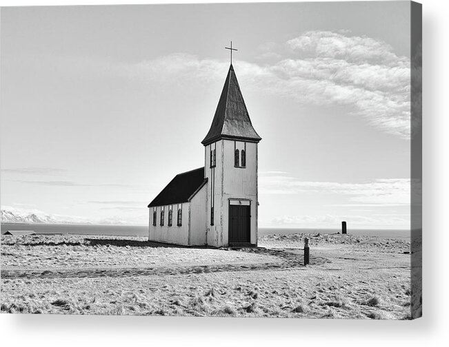 Travelpixpro Acrylic Print featuring the photograph Distressed Old Church Coastal Iceland Black and White by Shawn O'Brien