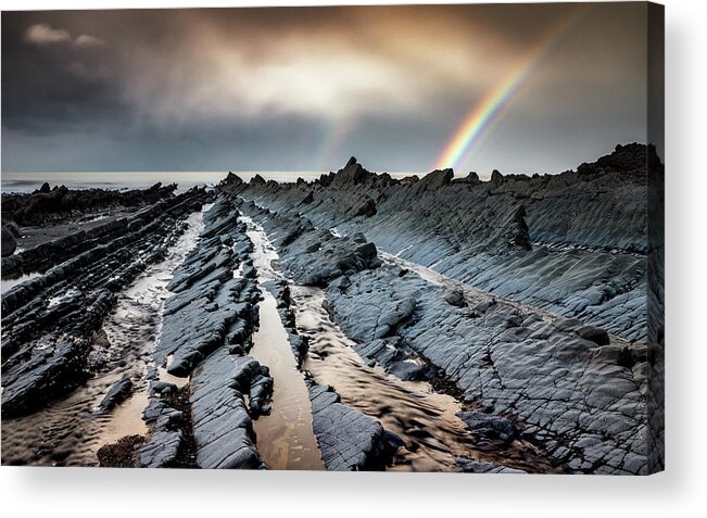 Hartland Quay Acrylic Print featuring the photograph Double Rainbow on the Rocks by Framing Places