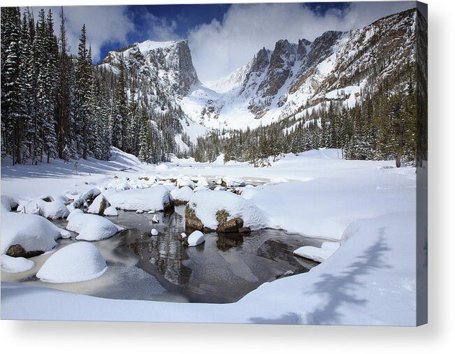 2019 Acrylic Print featuring the photograph Dream Lake Winter Reflections by Bridget Calip