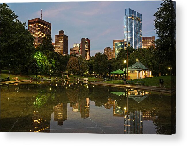 Boston Acrylic Print featuring the photograph Dusk at the Boston Common Frog Pond Skyline Reflection by Toby McGuire