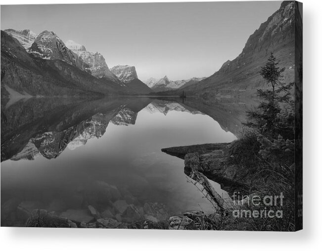 St Mary Acrylic Print featuring the photograph East Glacier St. Mary Spring Sunrise Black And White by Adam Jewell