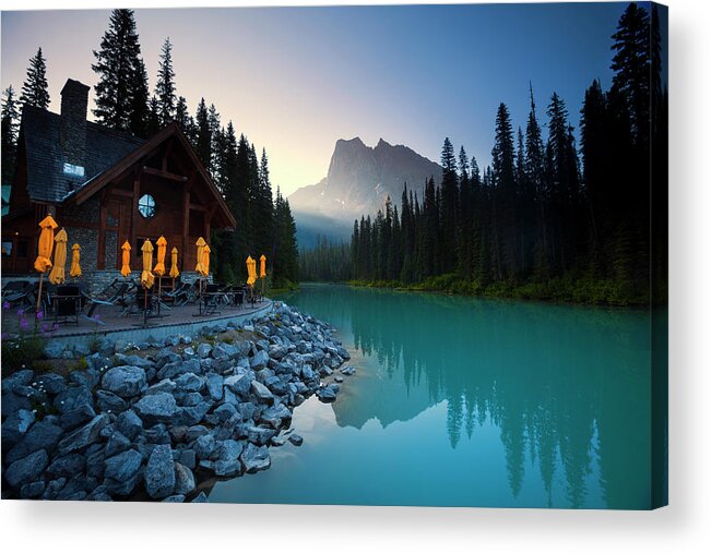 Water's Edge Acrylic Print featuring the photograph Emerald Lake Lodge by Dan prat