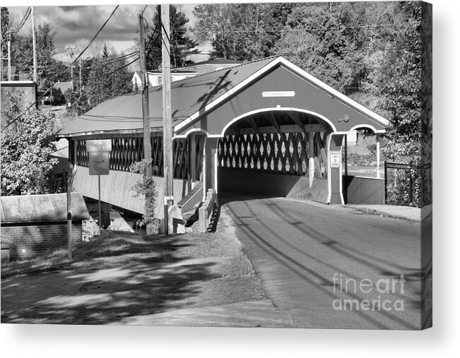 Thompson Covered Bridge Acrylic Print featuring the photograph Fall Colors At The West Swanzey Covered Bridge Black And White by Adam Jewell