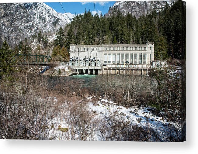 February Snow At Gorge Power House Acrylic Print featuring the photograph February Snow at Gorge Power House by Tom Cochran