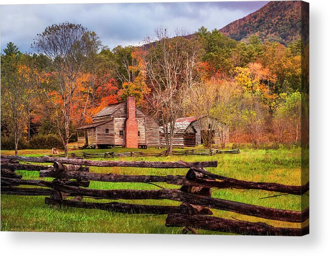 Appalachia Acrylic Print featuring the photograph Fences and Cabins Cades Cove by Debra and Dave Vanderlaan