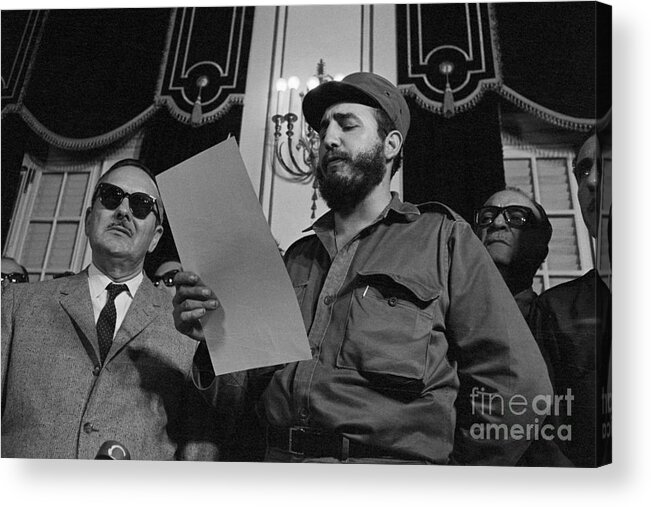 Mature Adult Acrylic Print featuring the photograph Fidel Castro Reading The Oath Of Office by Bettmann
