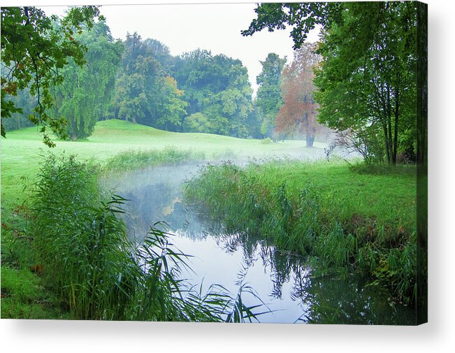 Landscape Park Acrylic Print featuring the photograph Fog along a creek in autumn by Sun Travels