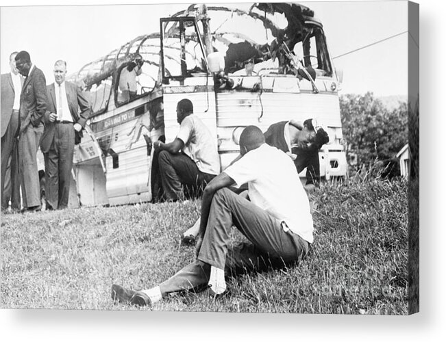 Young Men Acrylic Print featuring the photograph Freedom Riders By Burned-out Bus by Bettmann