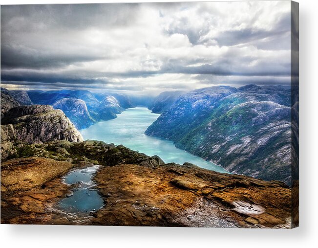 Clouds Acrylic Print featuring the photograph From the Top of Preikestolen The Pulpit Rock by Debra and Dave Vanderlaan