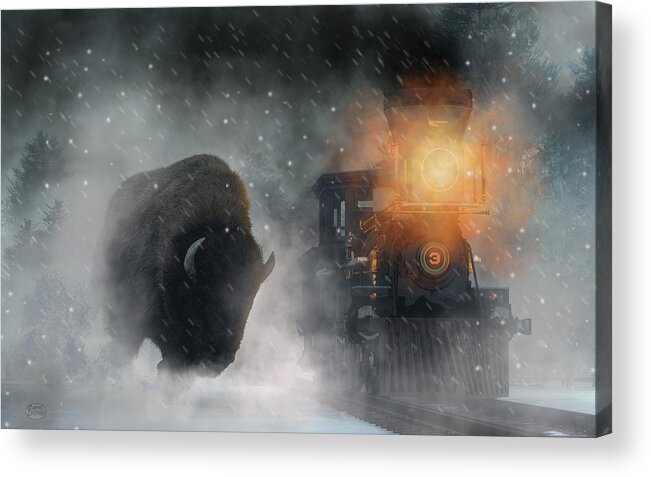 Buffalo Acrylic Print featuring the digital art Giant Buffalo Attacking Train by Daniel Eskridge