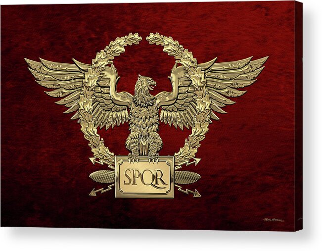 ‘treasures Of Rome’ Collection By Serge Averbukh Acrylic Print featuring the digital art Gold Roman Imperial Eagle - S P Q R Special Edition over Red Velvet by Serge Averbukh