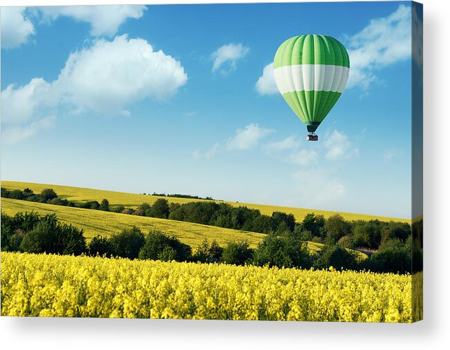 Landscape Acrylic Print featuring the photograph Green Balloon Under Yellow Rape Field by Ivan Kmit