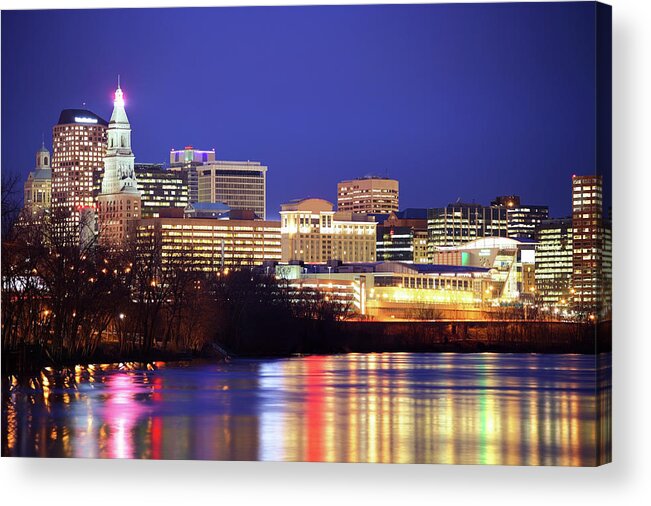 Built Structure Acrylic Print featuring the photograph Hartford Skyline Along The Connecticut by Denistangneyjr