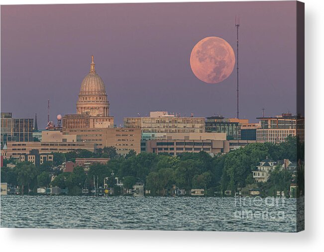 Harvest Moon Acrylic Print featuring the photograph Harvest Moon Sets Over City by Amfmgirl Photography
