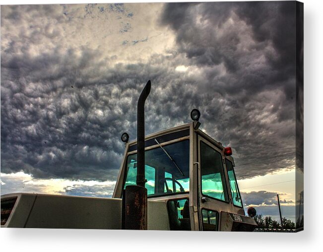 Down Our Street Clouds Storm Clouds Farm Ranch Farm Implements Farm Machinery Red Hut Elevator Under Storm Clouds Street View Grass Trees Storm Gale Windy Incoming Derelict House Old Fields Countryside Prairies Acrylic Print featuring the photograph Harvest Pause by David Matthews