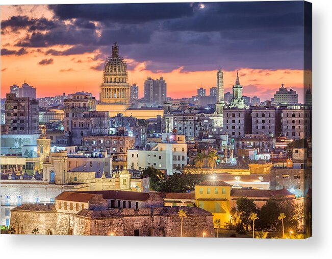 Landscape Acrylic Print featuring the photograph Havana, Cuba Downtown Skyline At Dusk by Sean Pavone