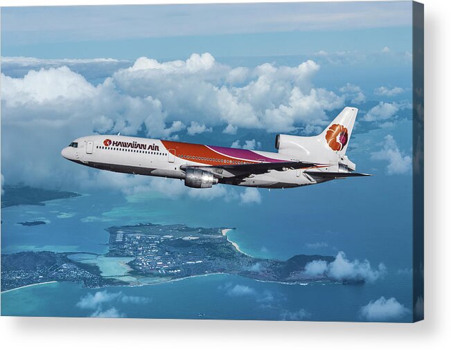 Hawaiian Airlines Acrylic Print featuring the mixed media Hawaiian Airlines L-1011 Over the Islands by Erik Simonsen