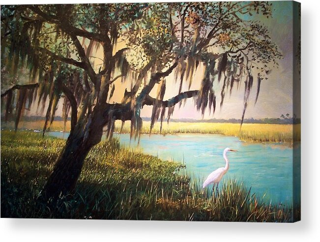 Marsh Acrylic Print featuring the painting Heron and Live Oak Tree by Blue Sky