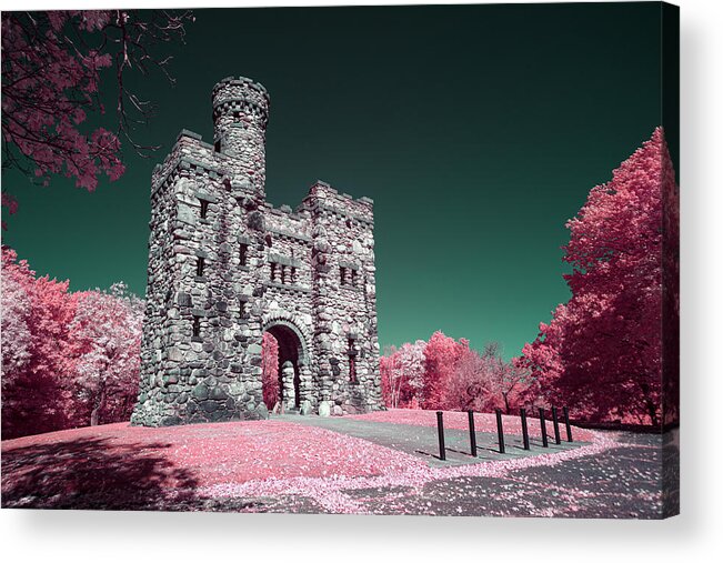 Bancroft Tower Worcester Ma Mass Massachusetts Newengland New England Usa U.s.a. 590nm Ir Infrared Castle Stone Brick Sun Sky Purple Brian Hale Brianhalephoto Acrylic Print featuring the photograph Hidden on the Hill by Brian Hale