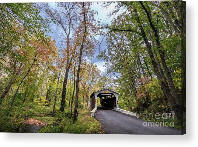 Bridge Acrylic Print featuring the photograph Historic Covered Bridge in rural Pennsylvania during Autumn by Patrick Wolf