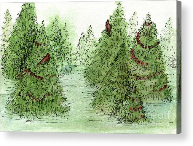 Holiday Trees Acrylic Print featuring the painting Holiday Trees Woodland Landscape Illustration by Laurie Rohner