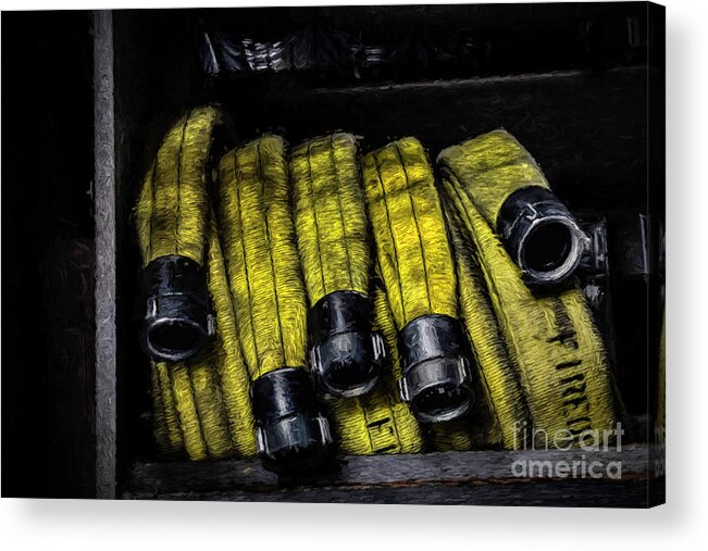 Hose Rack. This Image Was Taken At The Buffalo Fire Dept Headquarters On Court St In Buffalo Ny. This Image Was One That I Took As Part Of The Yearly Scott Kelbys' Worldwide Photo Walk #buffalony #buffalofiredept #firefighter #firefighters #brotherhood #tradition #firephoto #fireandrescue #firefighterlove #firefighterheros #firefighterposts #firebrigade #firephotography #firephotographer #instagramphotos #hdr #highdynamicrange #skylum #aurorahdr2019 #firehose #firefighter_brotherhood Acrylic Print featuring the photograph Hose Rack by Jim Lepard