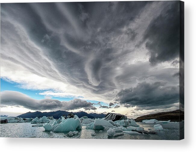 Cold Temperature Acrylic Print featuring the photograph Icebergs In Glacial Lagoon With Stormy by Mike Hill