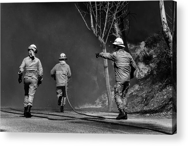 Firefighters Acrylic Print featuring the photograph In Full Action. by Miguel Silva