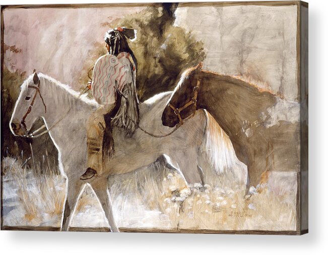 Native American Man On A Horse Leading Another Horse Acrylic Print featuring the painting In The Lead by J. E. Knauf