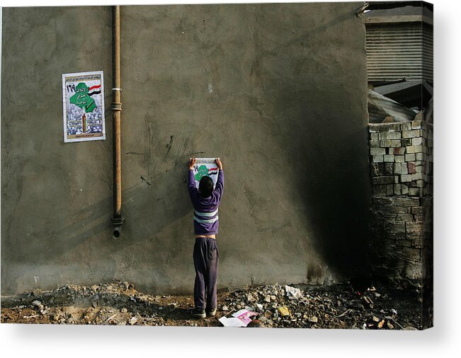 Democracy Acrylic Print featuring the photograph Iraqi Shias Hang Political Posters by Chris Hondros