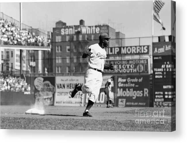 1950-1959 Acrylic Print featuring the photograph Jackie Robinson Rounds The Bases by Robert Riger