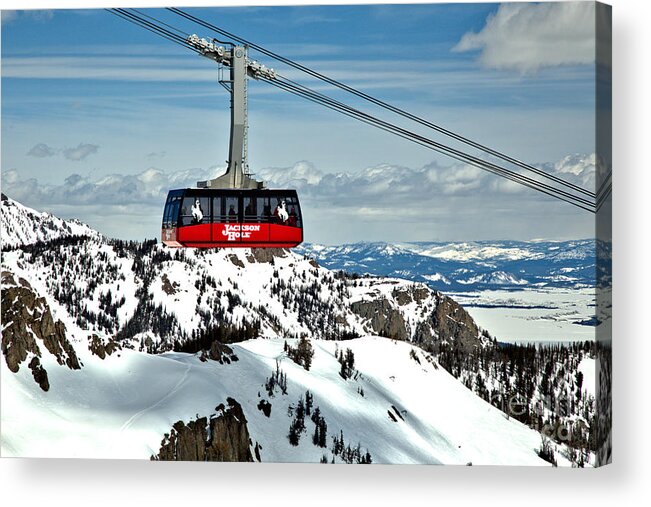 Jackson Hole Tram Acrylic Print featuring the photograph Jackson Hole Aerial Tram Over The Snow Caps by Adam Jewell