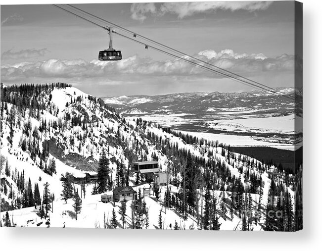 Jackson Hole Acrylic Print featuring the photograph Jackson Hole Big Red Tram In The Tetons Black And White by Adam Jewell
