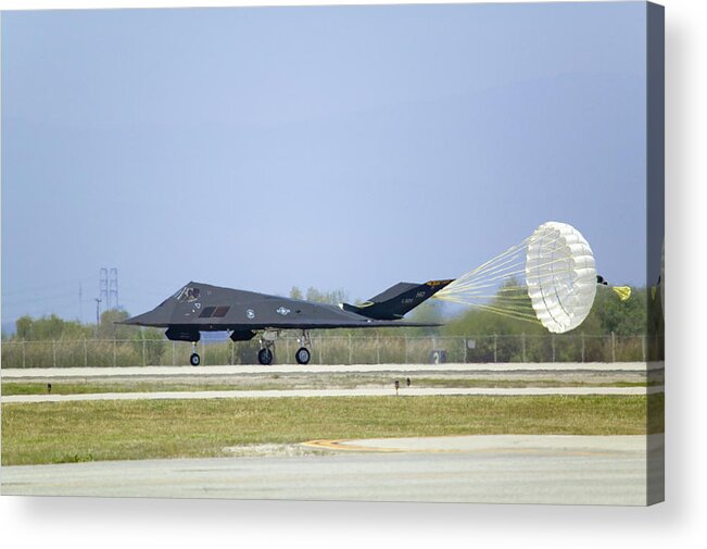 War Acrylic Print featuring the photograph Jet Fighter Landing With Parachute by Visionsofamerica.com/joe Sohm