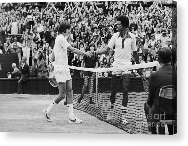 Tennis Acrylic Print featuring the photograph Jimmy Connors And Arthur Ashe Shake by Bettmann