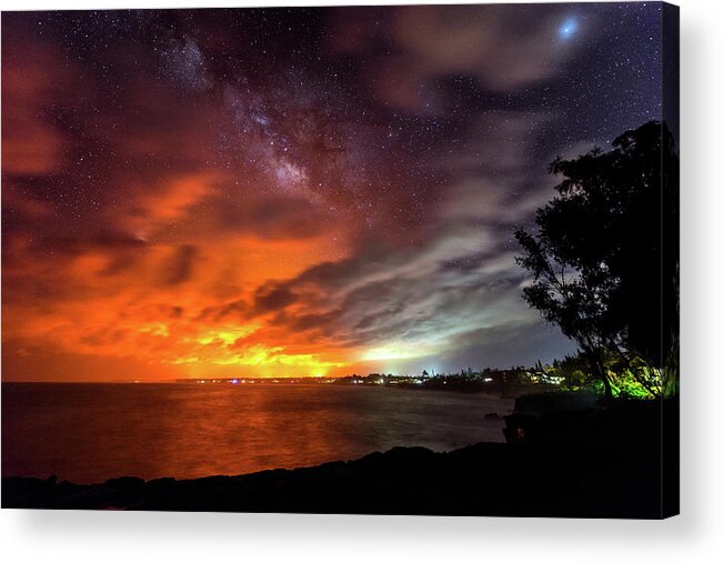 Big Island Acrylic Print featuring the photograph Kaloli Point Lava Glow and Milky Way by Jason Chu