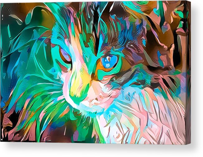 Blue Acrylic Print featuring the digital art Kitty Abstract Flowing Paint Blue Green by Don Northup